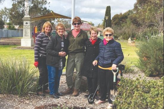 Margaret Wright, Glenda Hunter , Carolyn McHugh, Glynis White and Betty Jackel in Borella Park on Monday.