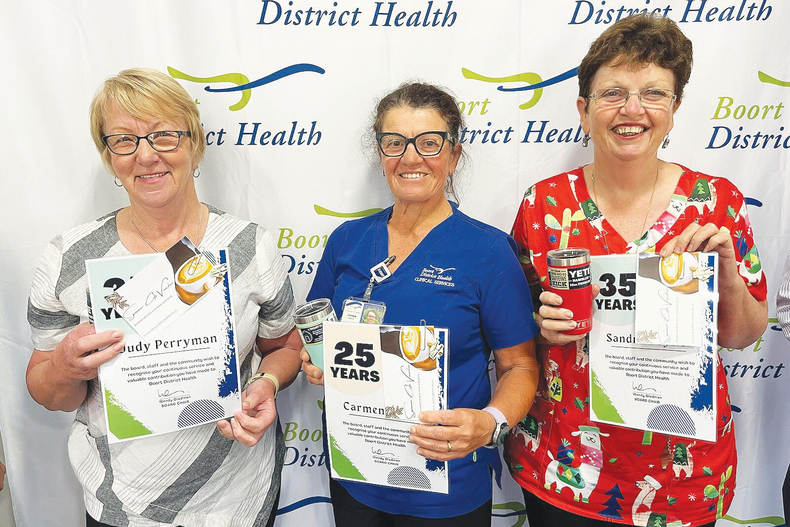 Judy Perryman, Carmen Cauchi and Sandra Poyner were presented with staff service certificates at Monday’s annual general meeting of Boort District Health.
