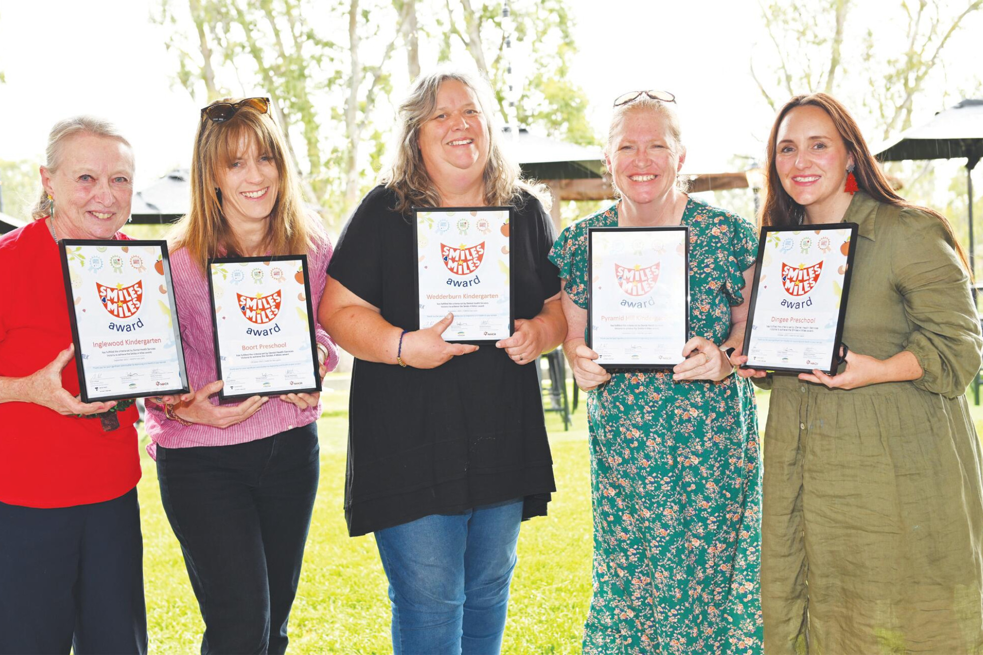Kindergarten teachers Deanne Storey, Vikki Moresi, Jodie Lock, Mel Douton and Mel Phillips with their accreditation certificates. LH PHOTO
