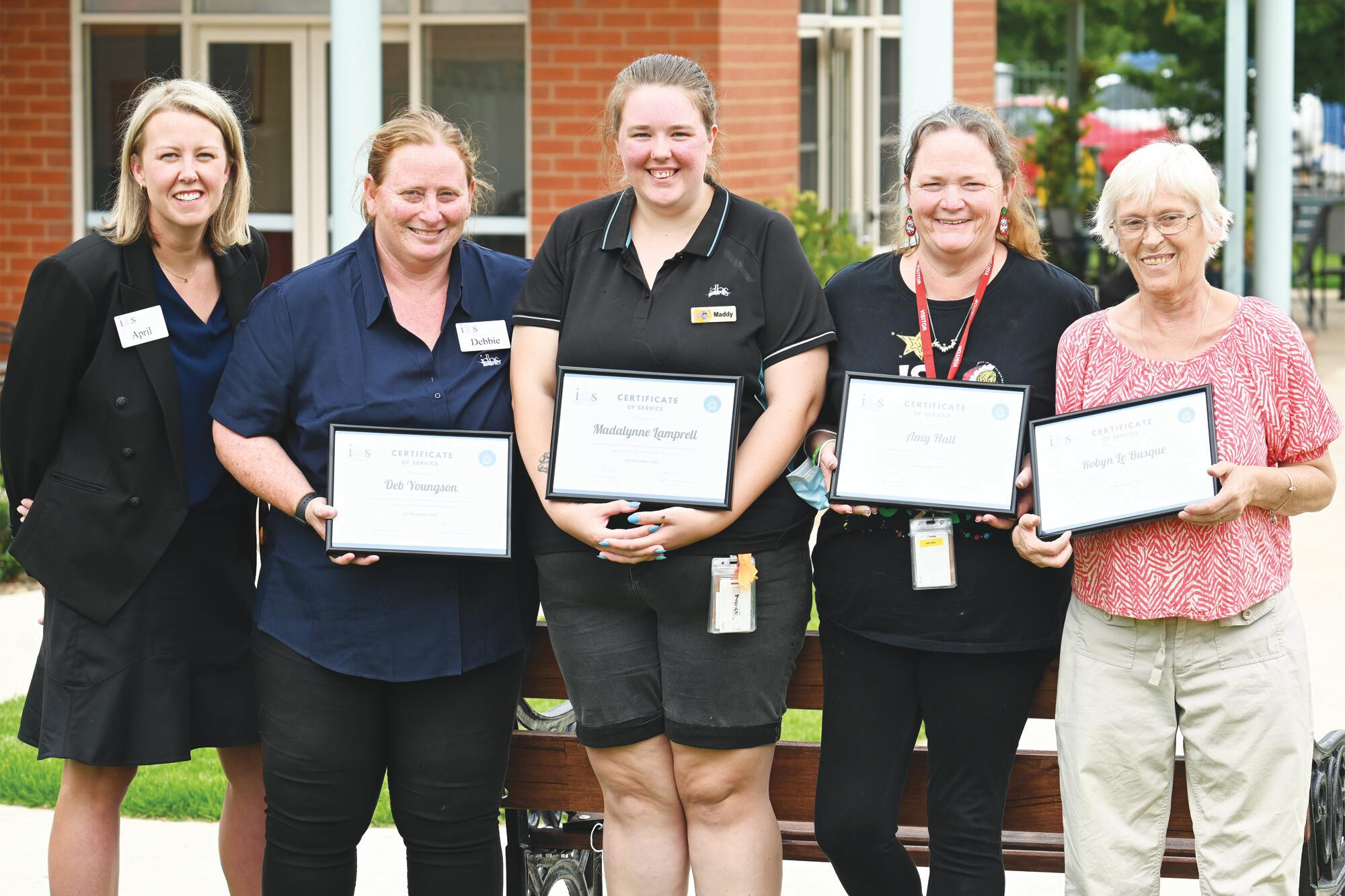 IDHS director of clinical and community services (left) with service award recipients Deb Youngson, Madalynne Lamprell, Amy Hall and Robyn La Busque. LH PHOTO