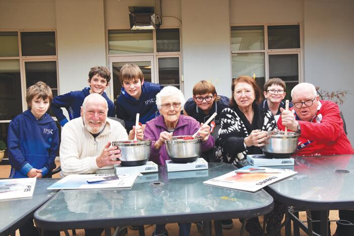 Students William Canham, Ryan Ing, Jack Kloester, Rico Addenbach and Elvis Ward with residents Henry Oblak, Ruby Yorston, Mary Giles and Bill Mitchell. LH PHOTO