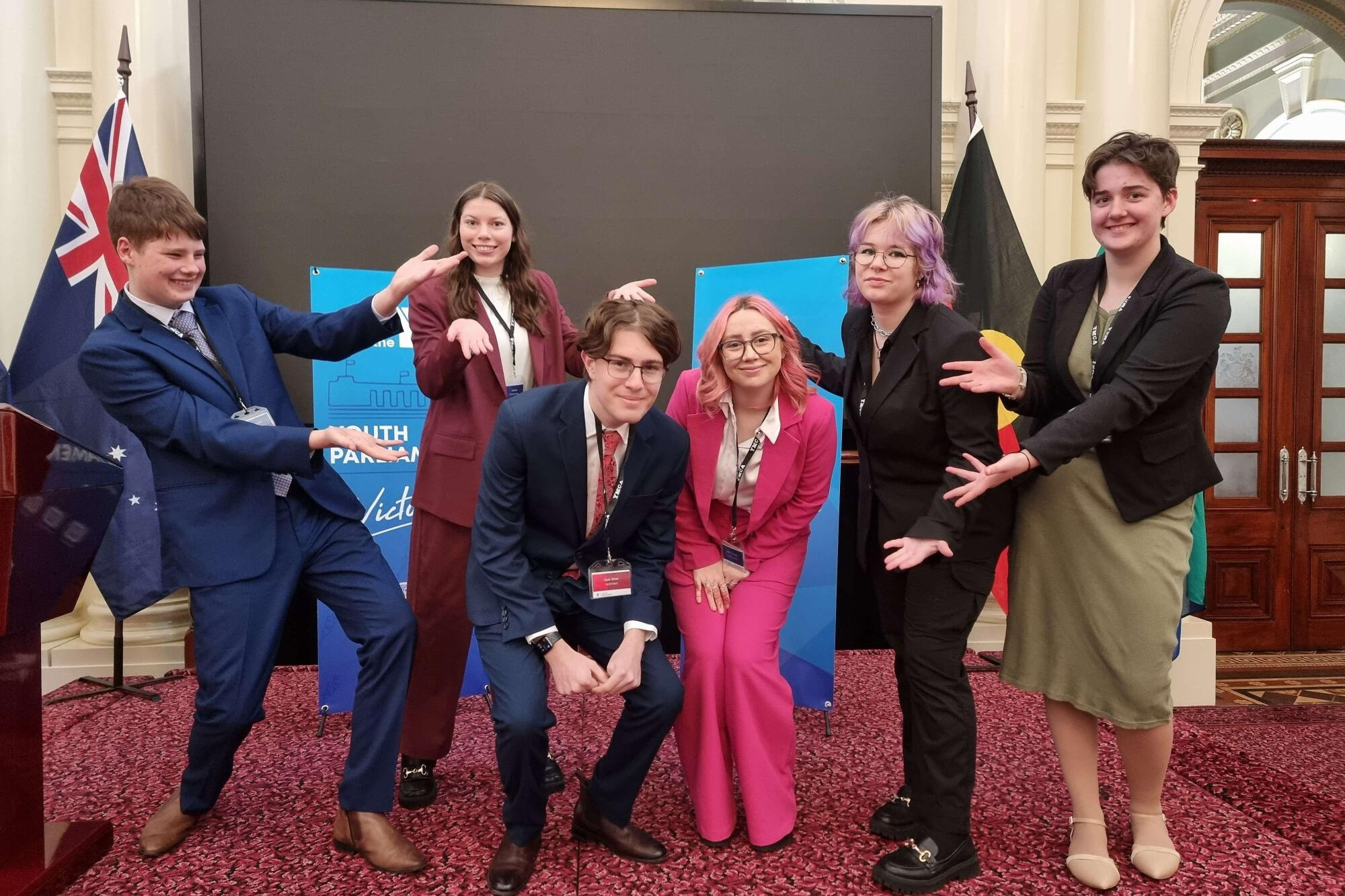 Youth Parliament team members (rear) Lennon Jabloka, Julia Hunt, Verity Orme and Jasmine Twigg with Noah Slater and Molly Meadows at State Parliament.