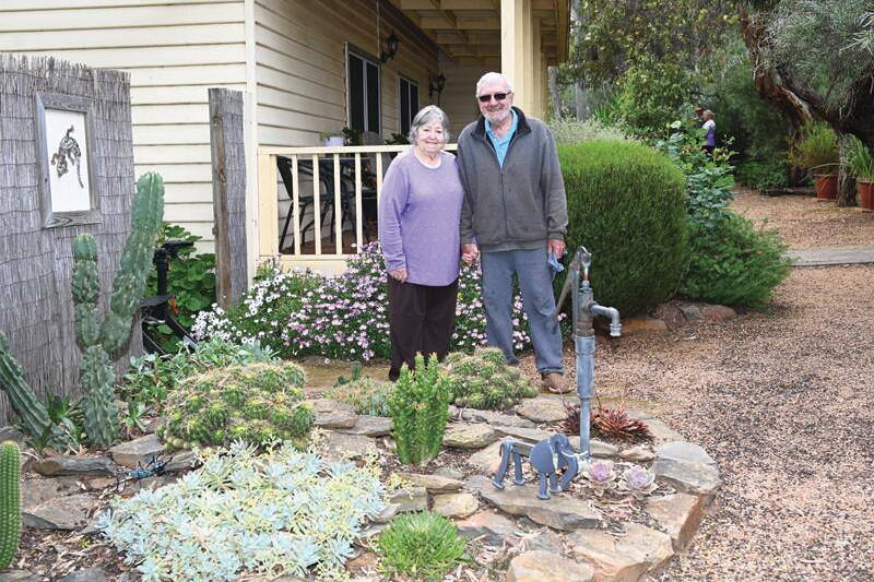 Adelaide and Vic Onopko in their Wedderburn garden on Sunday. LH PHOTO