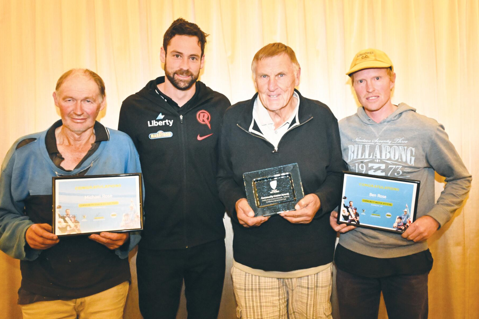 Cricket Victoria’s Jacob deAraugo (second left) officially presented state community cricket awards last week to Kingower’s Michael Rose (runner-up, junior coach of the year), Wedderburn’s Bob Steeel (winner Cricket in Schools Award) and Kingower’s Ben Rose (runner-up, community match official). LH PHOTO