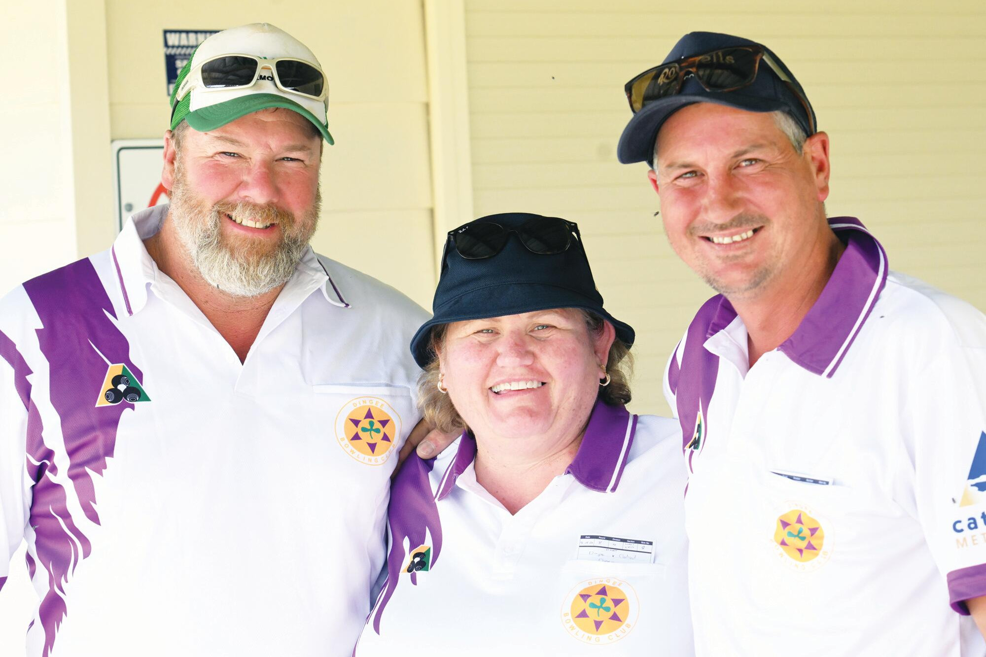 First-year pennant players with Dingee (from left) Brad Duncan, Kim Kavanagh and Rod Ellis. LH PHOTO