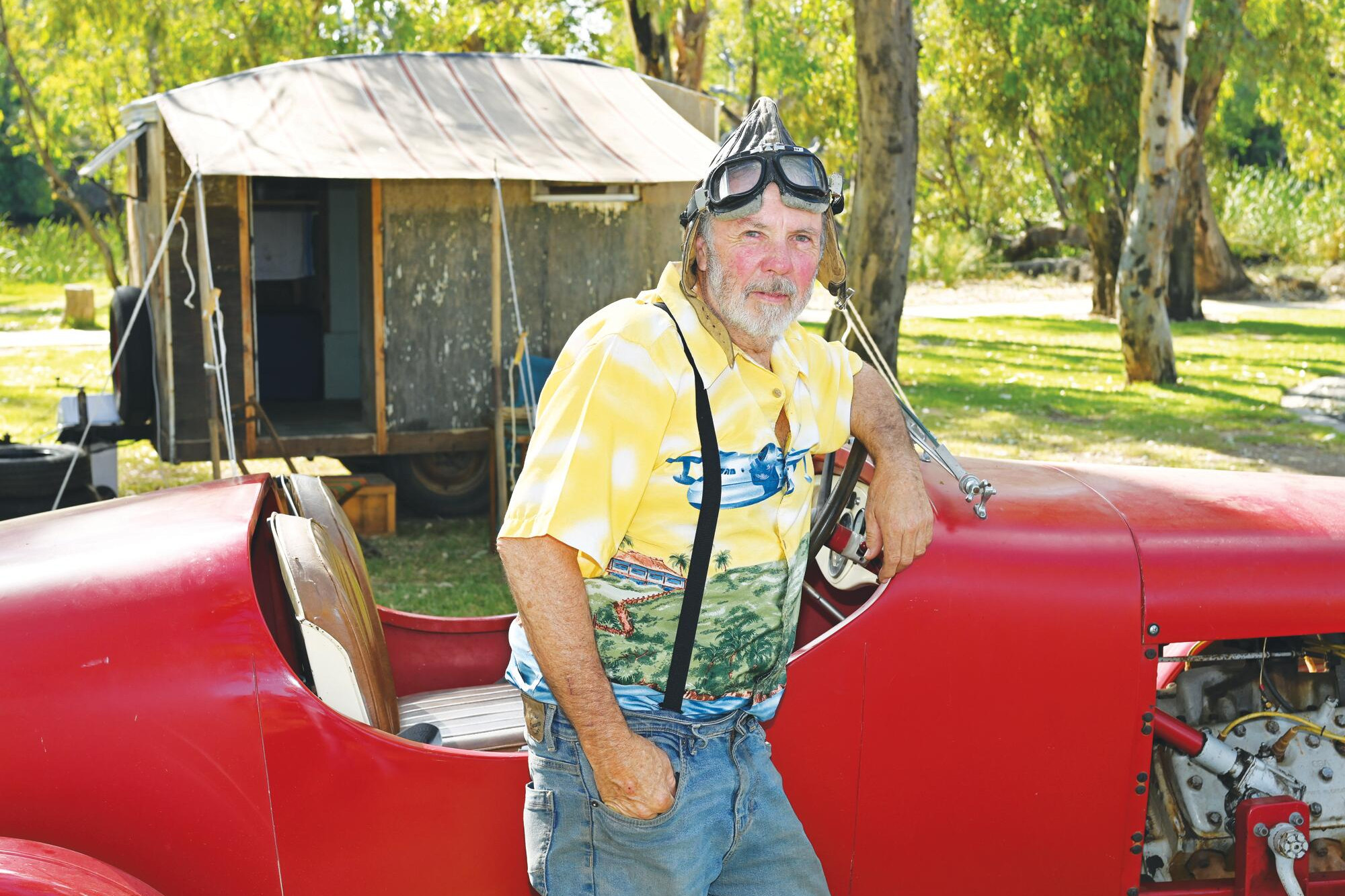 Aaron James and his “feral” Ford in front of the old woodcutter’s caravan. LH PHOTO