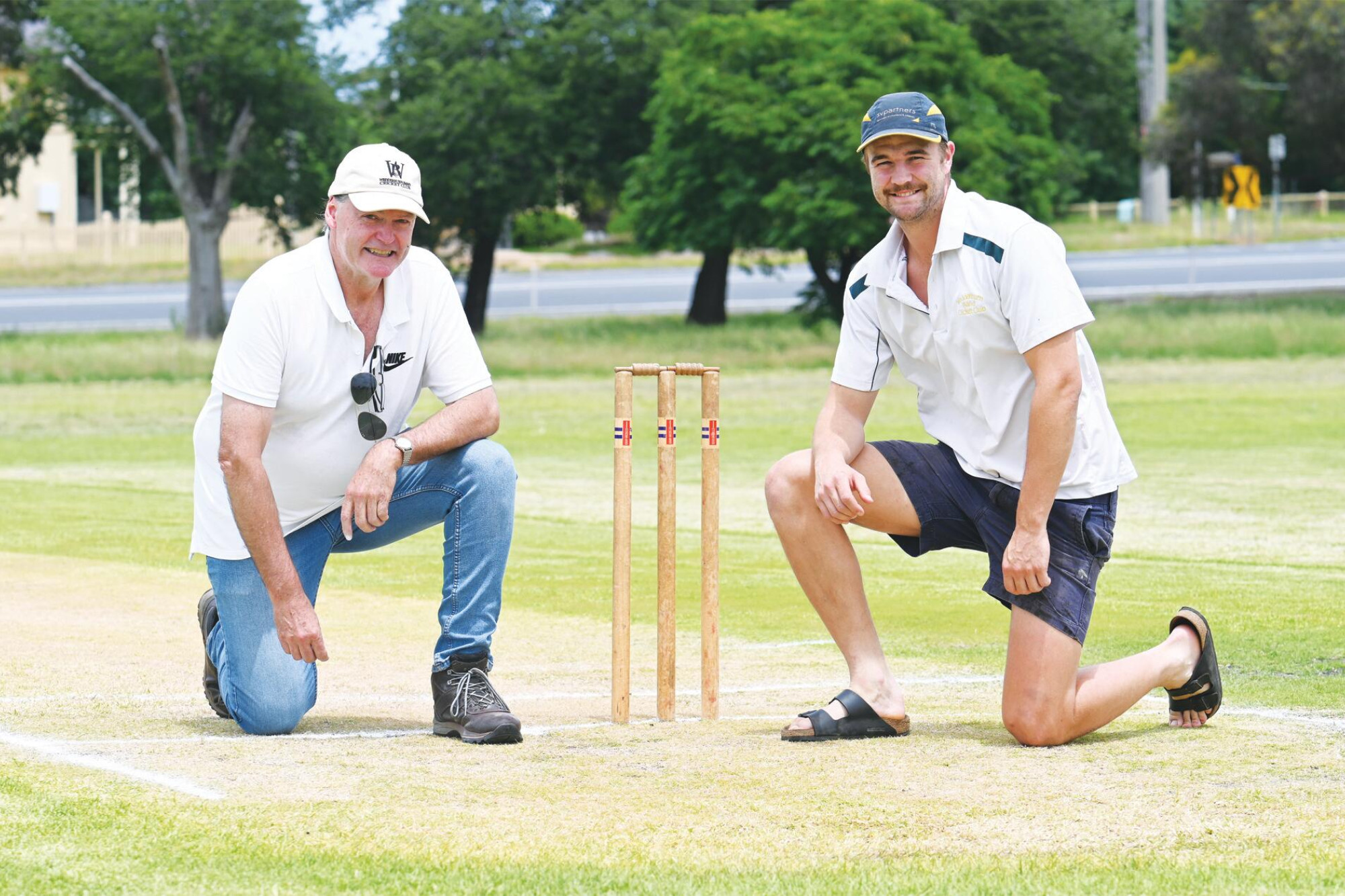 Ross Hannah and Wedderburn skipper Luke Holt inspect the turf wicket before Saturday’s match against Kingower. LH PHOTO