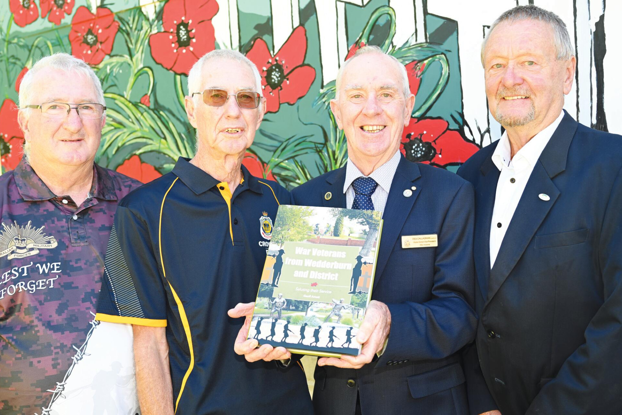 Historical society president Darryl Arnott, author Geoff Arnott, Des Callaghan and Mayor Gavan Holt. LH PHOTO