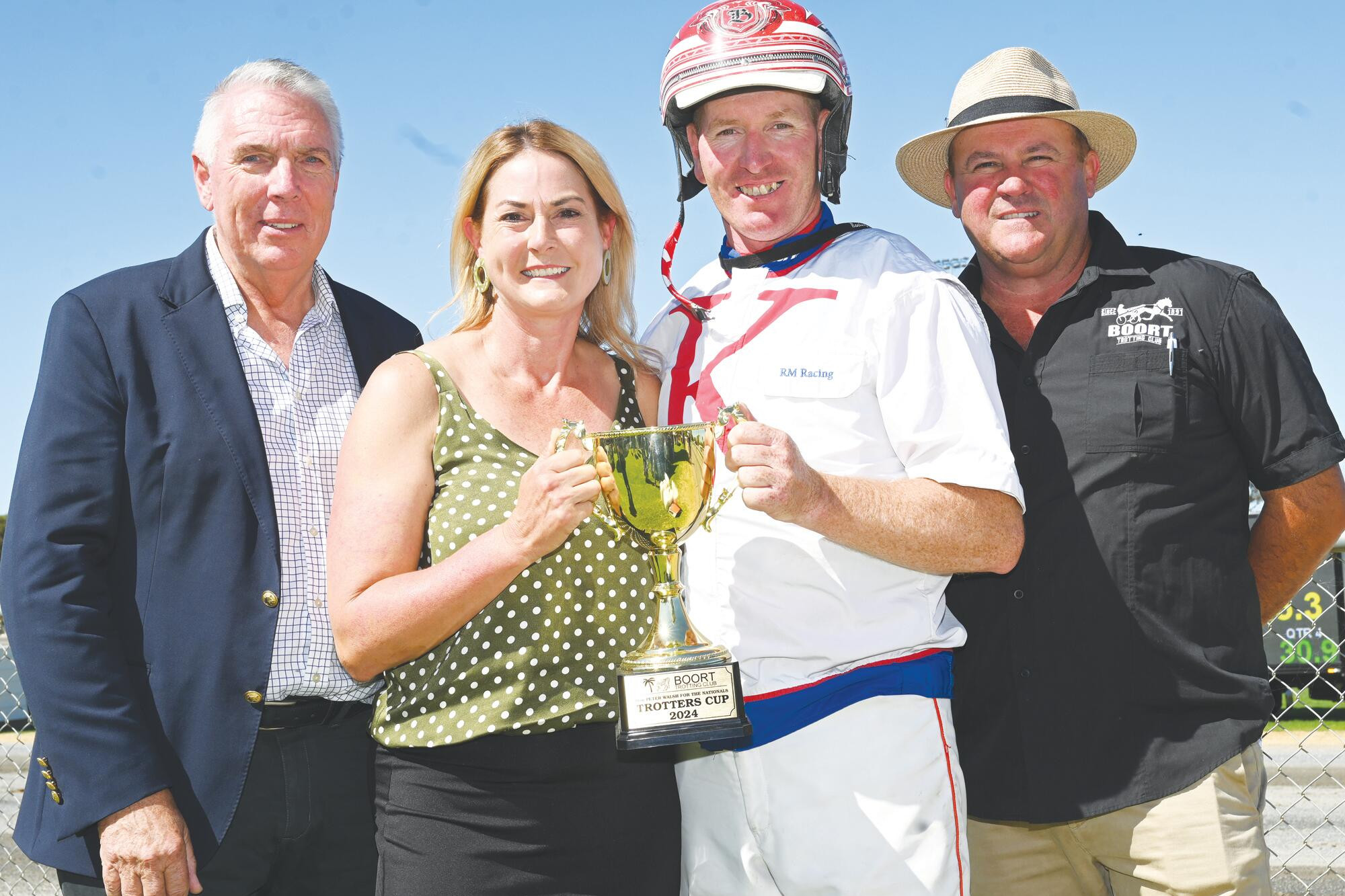 2024 - Murray Plains MP Peter Walsh to trainer Rebecca Morrisey and driver MIchael Bellman with club president Tim Byrne