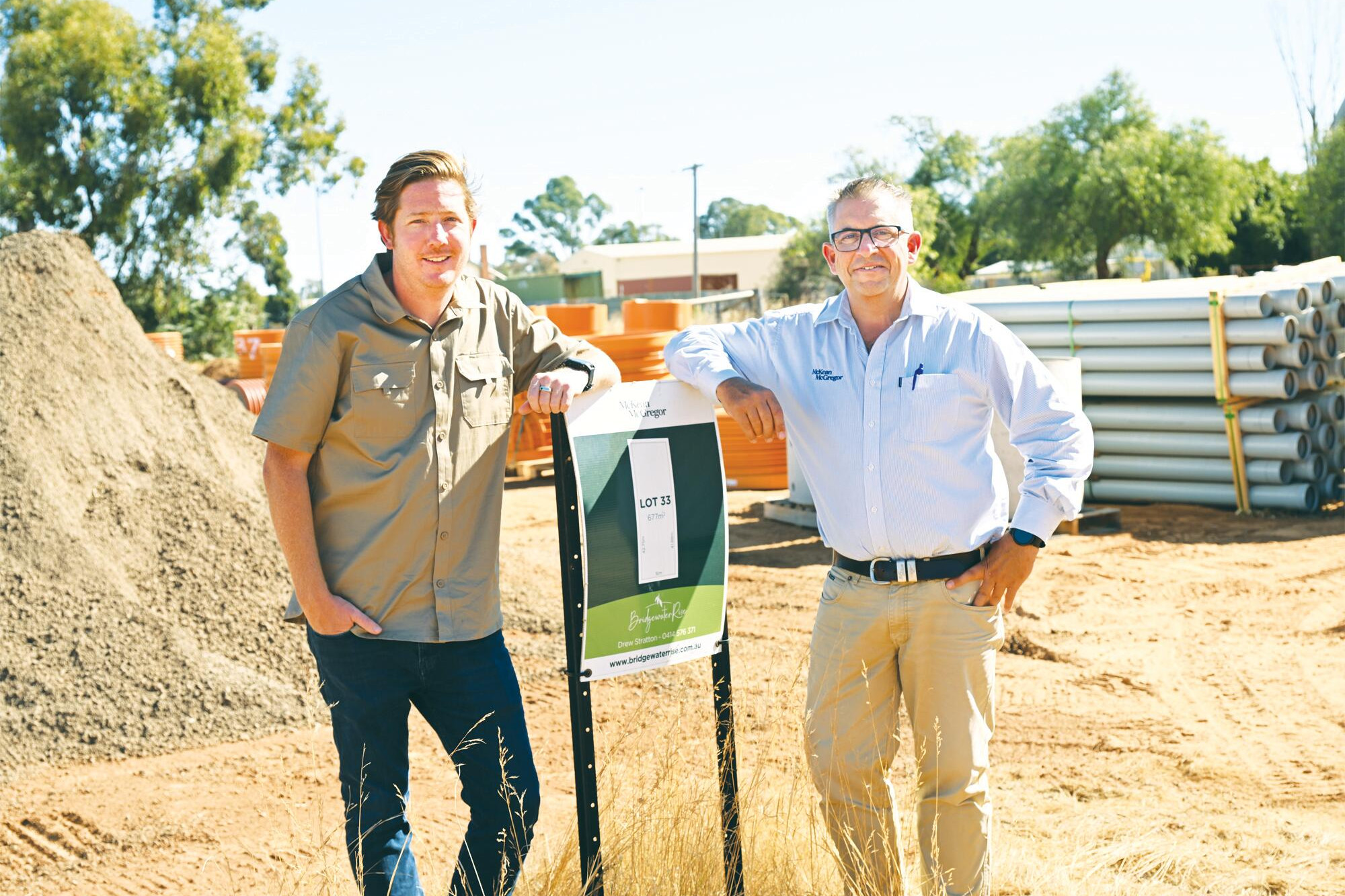 Ready to roll ... Josh Cummins and Drew Stratton at Bridgewater Rise where civil works have started to create the Loddon’s first major residential estate. LH PHOTO