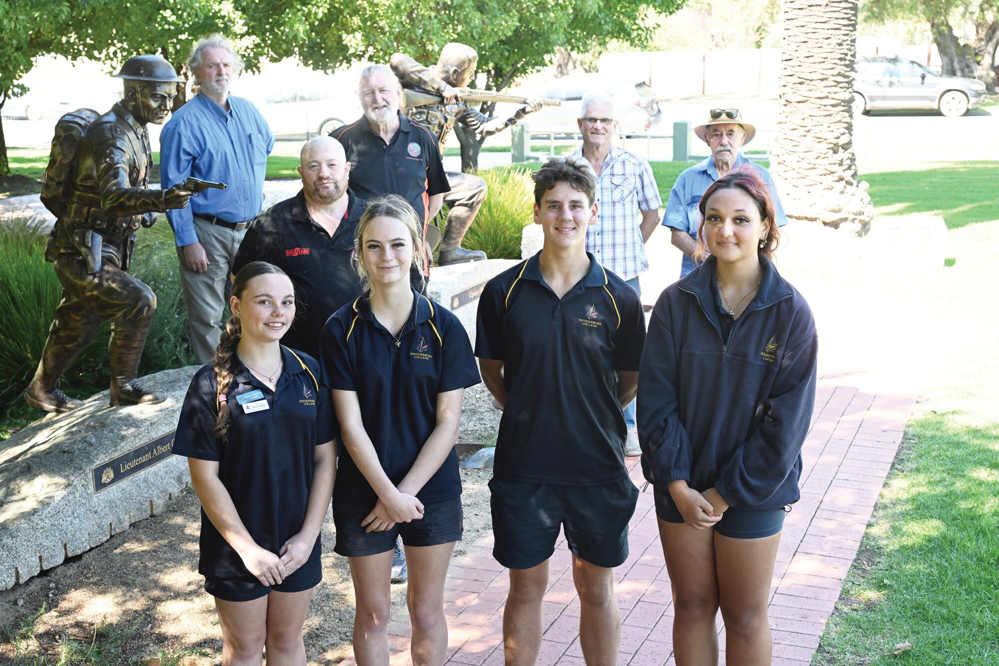 Dakota Martin, Indi Simpson, Tyson Blair and Chantelle Badenhorst with college principal Danny Forrest and RSL members after being named recipients of the inaugural scholarships. LH PHOTO