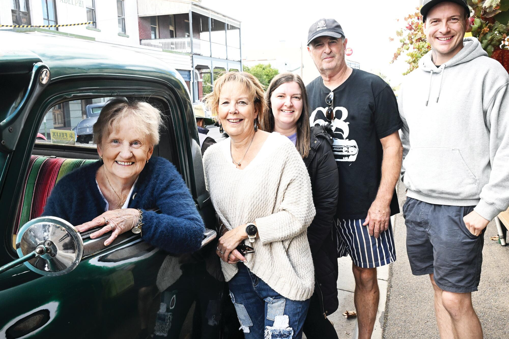Patsy Park, Lyn Park, Hannah Trembath, Fred Trembath and Nathan Roddy check out the streetrods in Brooke Street on Monday. LH PHOTO