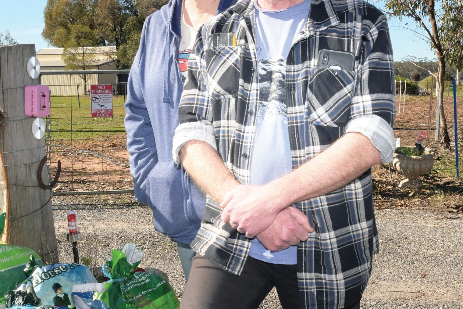 Rachael Taylor and Dave Wilkinson ... “buyers” came from behind trees asking if they had sheep for sale. LH PHOTO