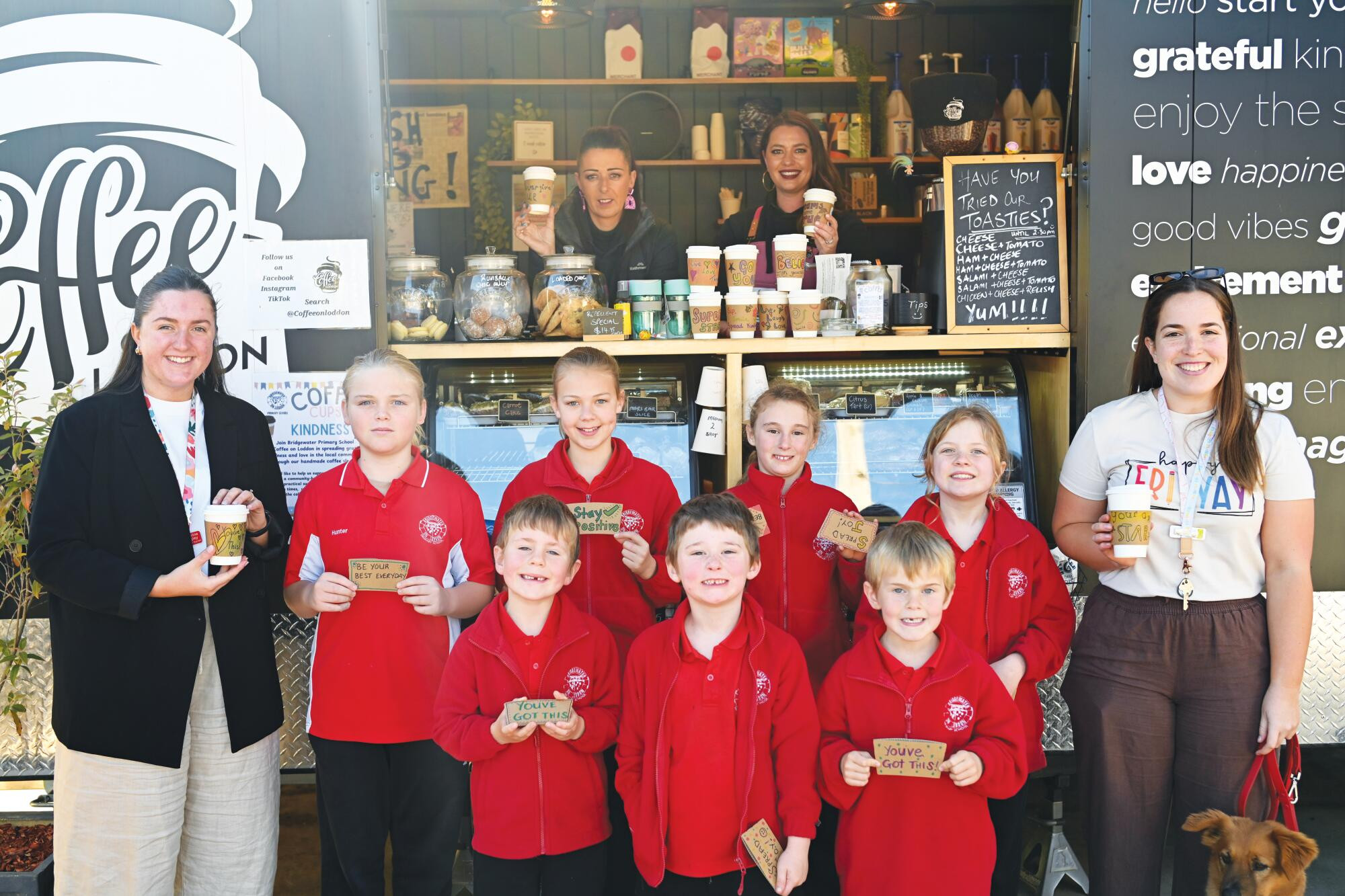 Bridgewater students with their cups of kindness at Coffee on Loddon