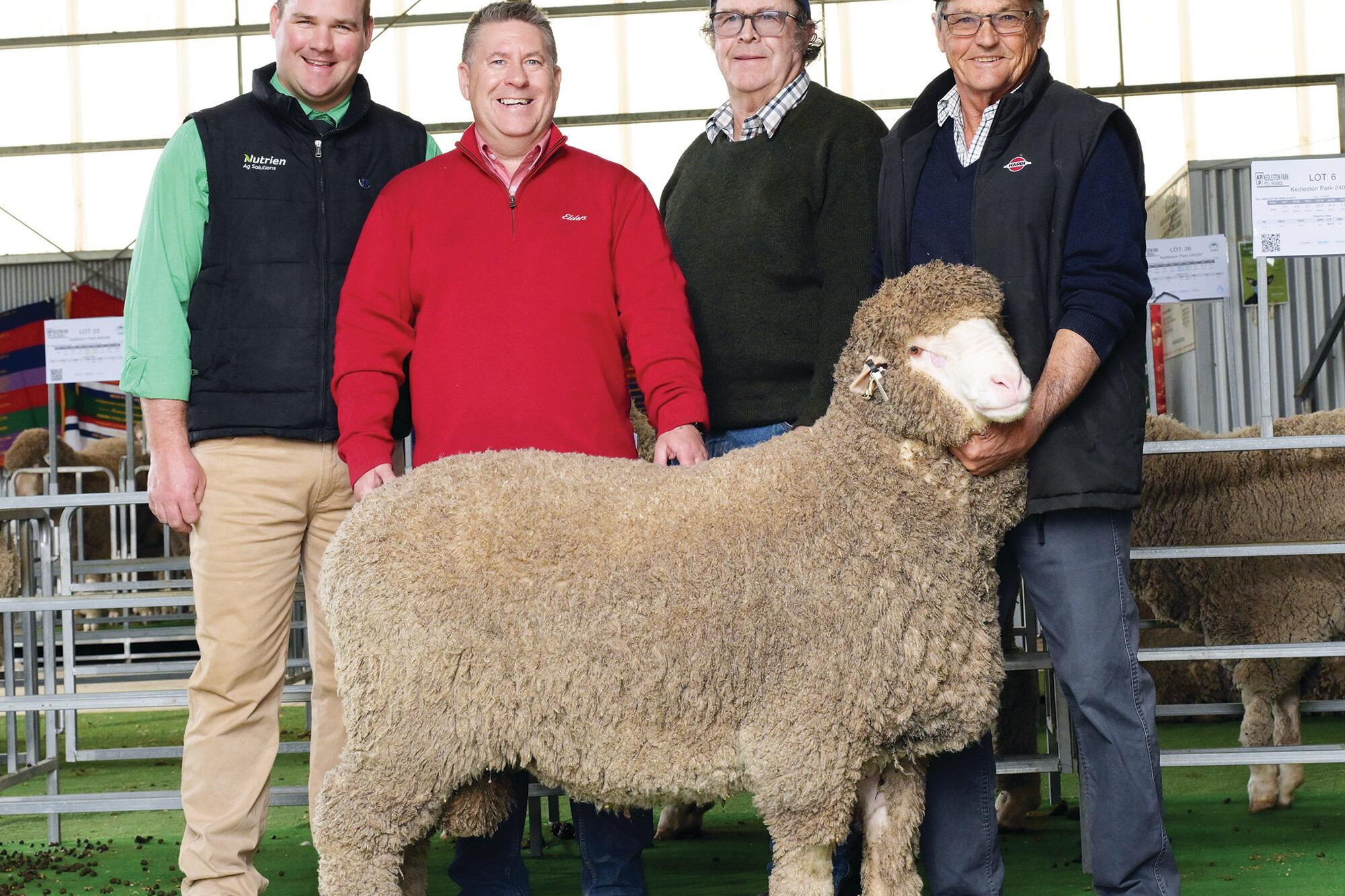 Stock agents Nick Farley and Adam Millard with top price ram buyer Garry Griffin and John Humbert. LH PHOTO