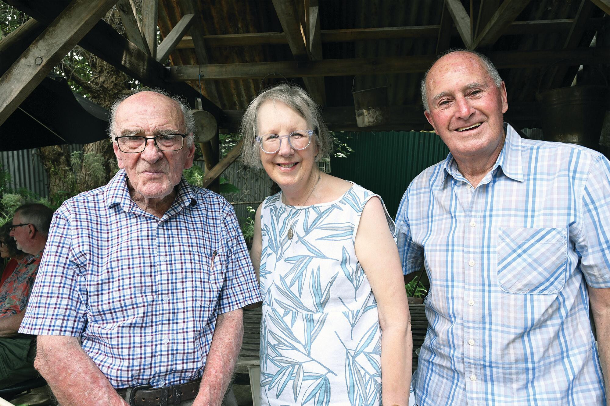 Nonagenarian Ray Tonkin is joined by Anne and John Donaldson at the celebrations. LH PHOTO