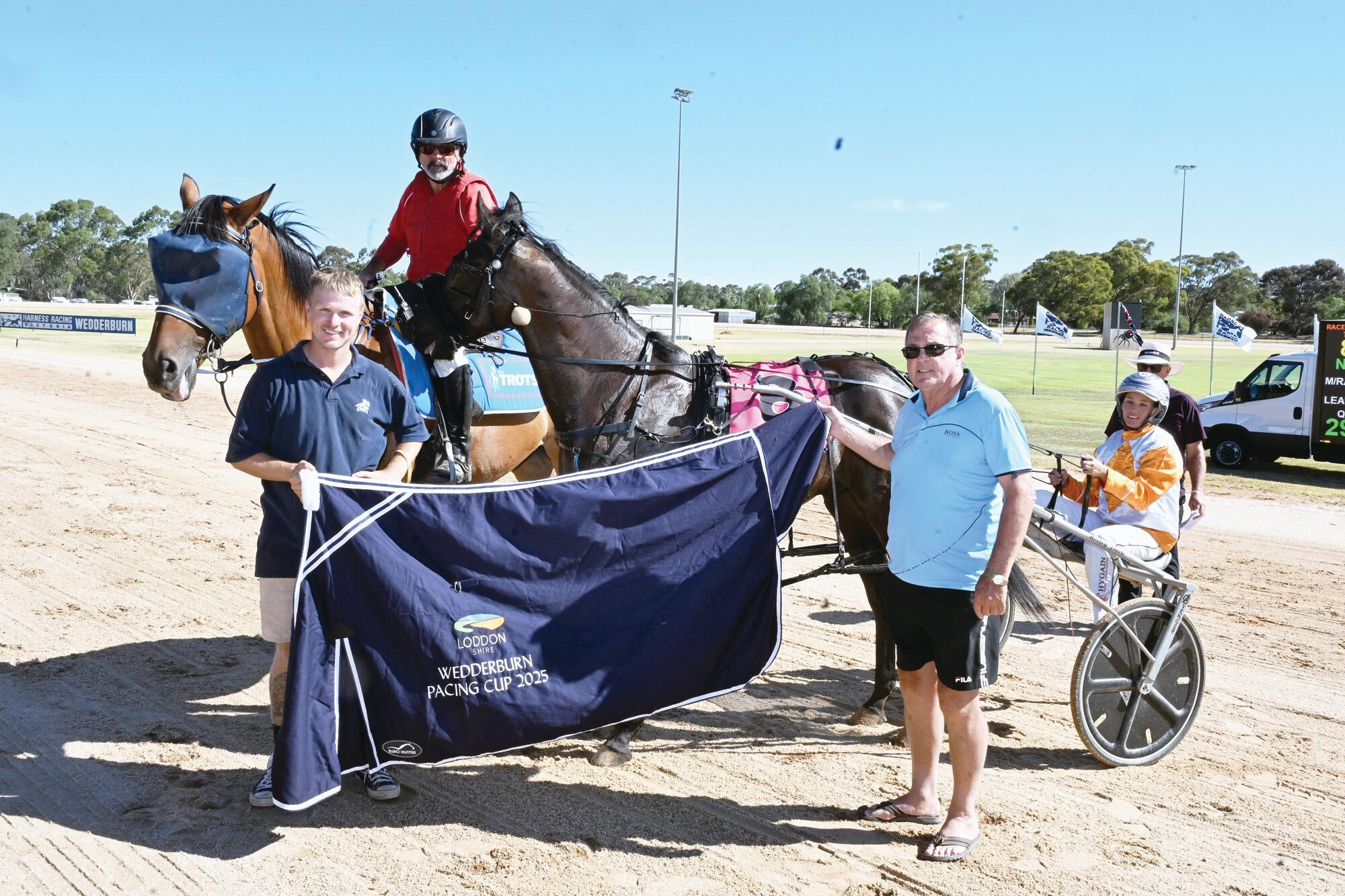 Wrapped and rugged ... the Loddon Shire prize for Western Sonador’s connections after winning the 2025 pacing cup. LH PHOTO