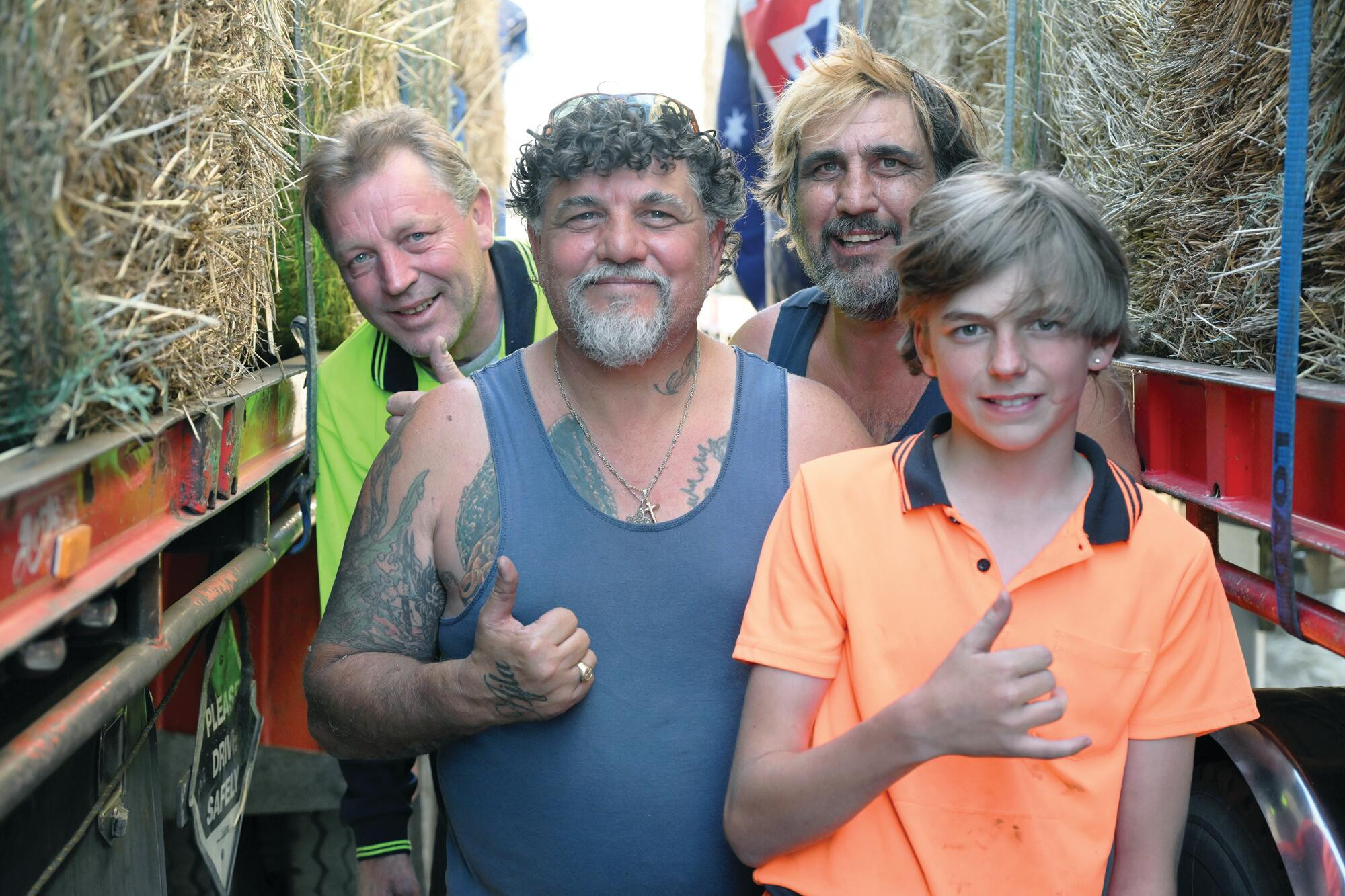 Thumbs up to Australia Day weekend hay run ... Adam Ford, Glenn Grima, Aaron Grima and Hayden Underwood prepare to leave Bridgewater on Saturday morning. LH PHGOTOI