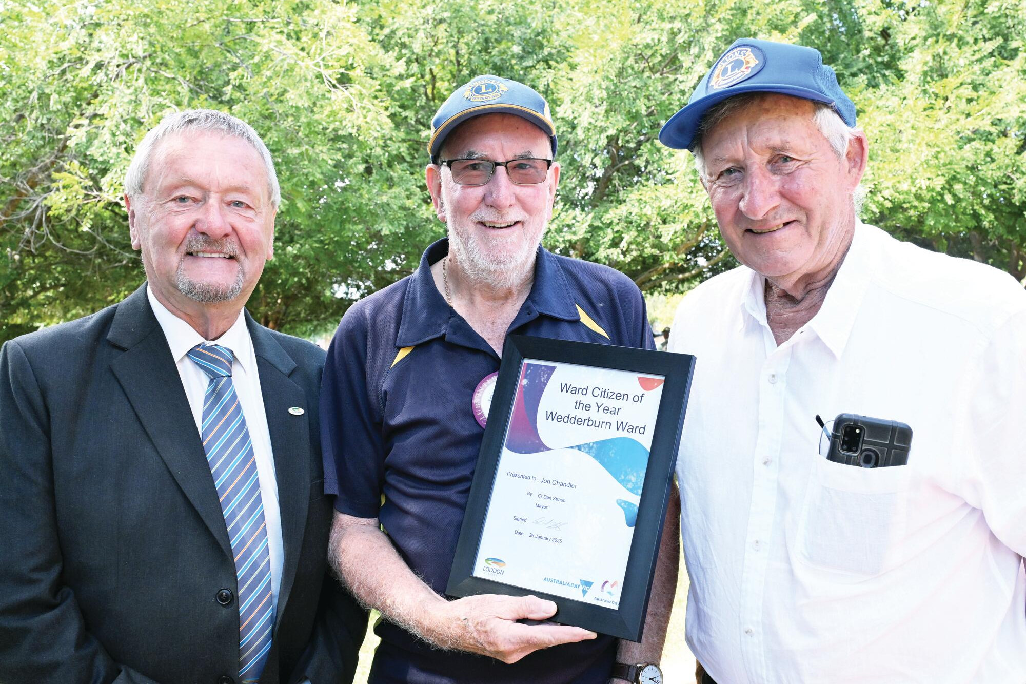 Cr Gavan Holt, ward citizen of the year Jon Chandler and Lions’ Barry Finch. LH PHOTO