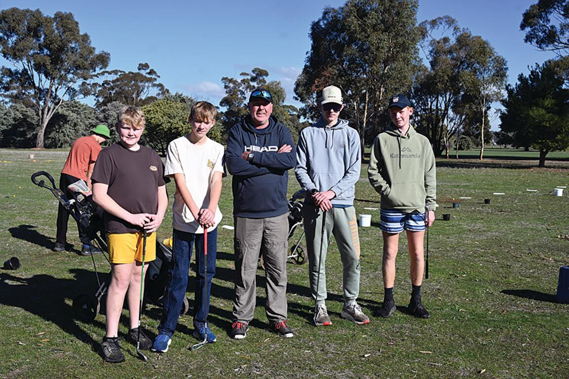 Coach Paul Condliffe (centre) with Travis and Jake Smith, Finn Hughes and Tom Alberni at last week’s school holiday clinic in Inglewood.