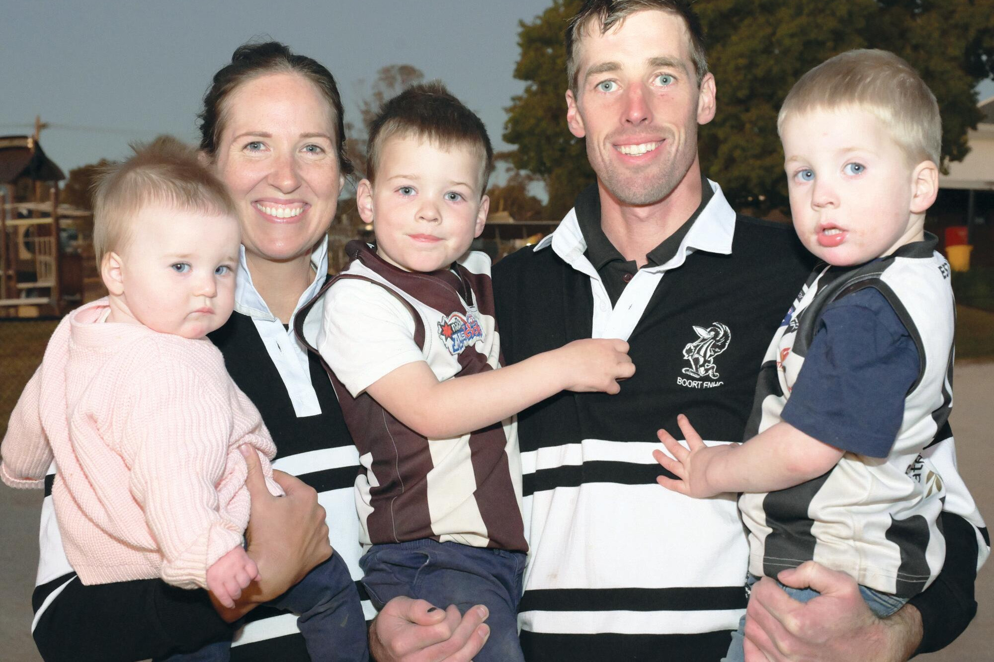 Steph and Kieren Wilson with their children Grace, Harry and Frank ahead of Saturday’s milestone game. LH PHOTO