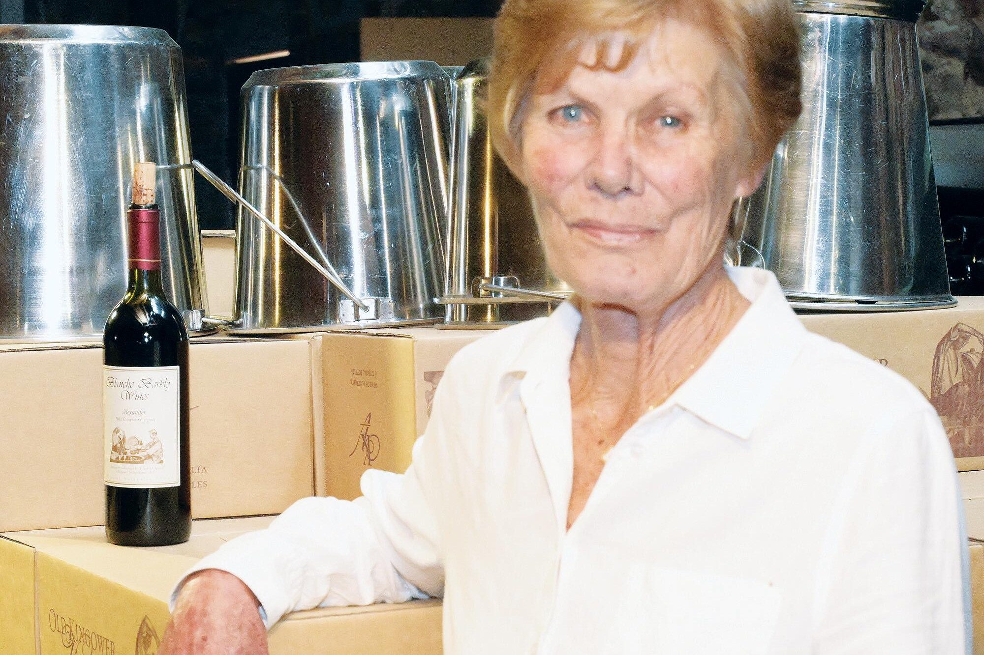 Old Kingower winemaker and industry pioneer Arleen Reimers in the barrel room