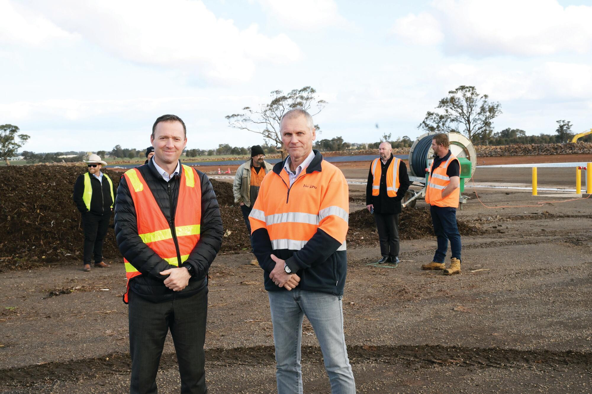 Loddon Shire CEO Lincoln Fitzgerald and Biogro managing director Stephen Van Schaik with councillors and company staff inspect the new processing pad on Tuesday. LH PHOTO