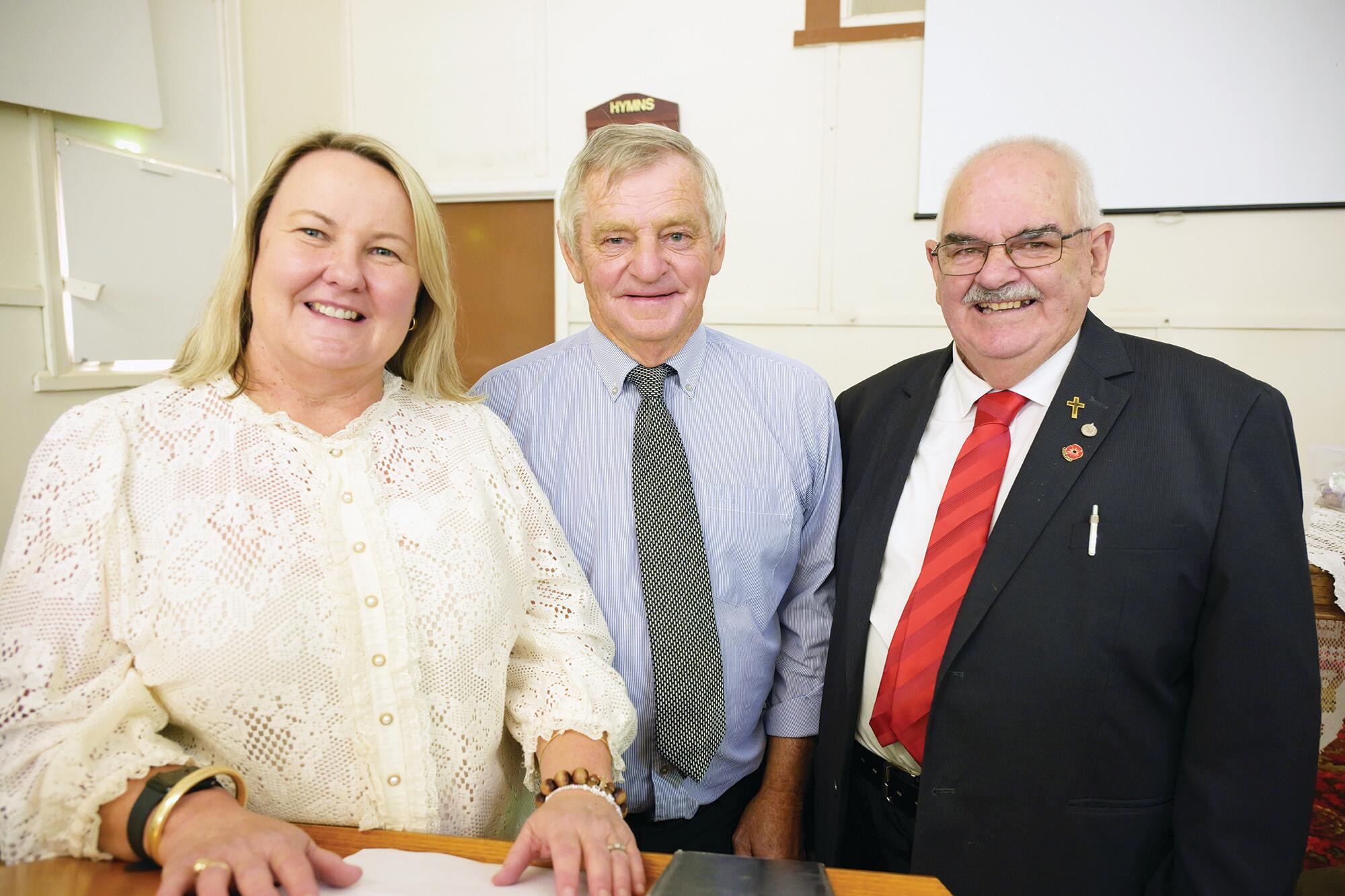 Jean Mann, Glen Broad and Peter Hipwell at Sunday’s centenary service. LH PHOTOS