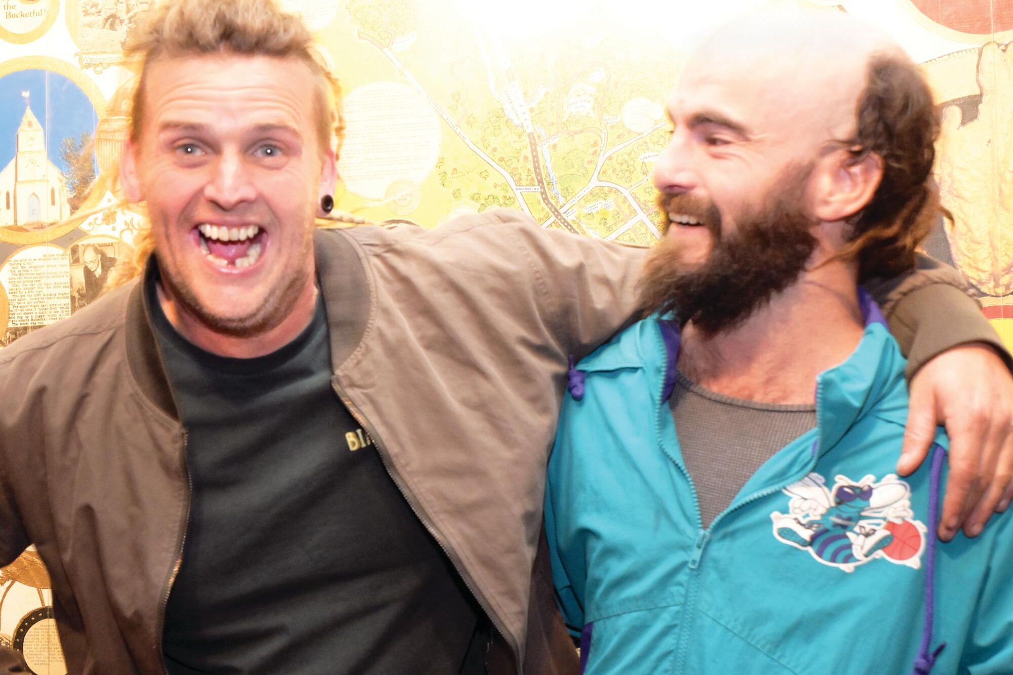 Mates have a laugh ... comedian Jim Hallawell and Harry Hargreaves. LH PHOTO