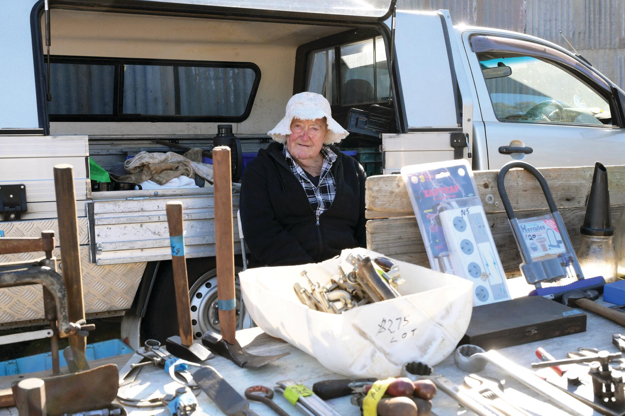 Kevin Caton on his stall selling axes, tools and other items collected from salavage yards. LH PHOTOS