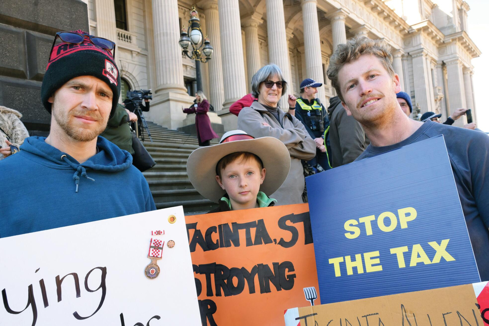 Louis and Oscar Holt with Archie Polkinghorne at last week’s protest. LH PHOTO