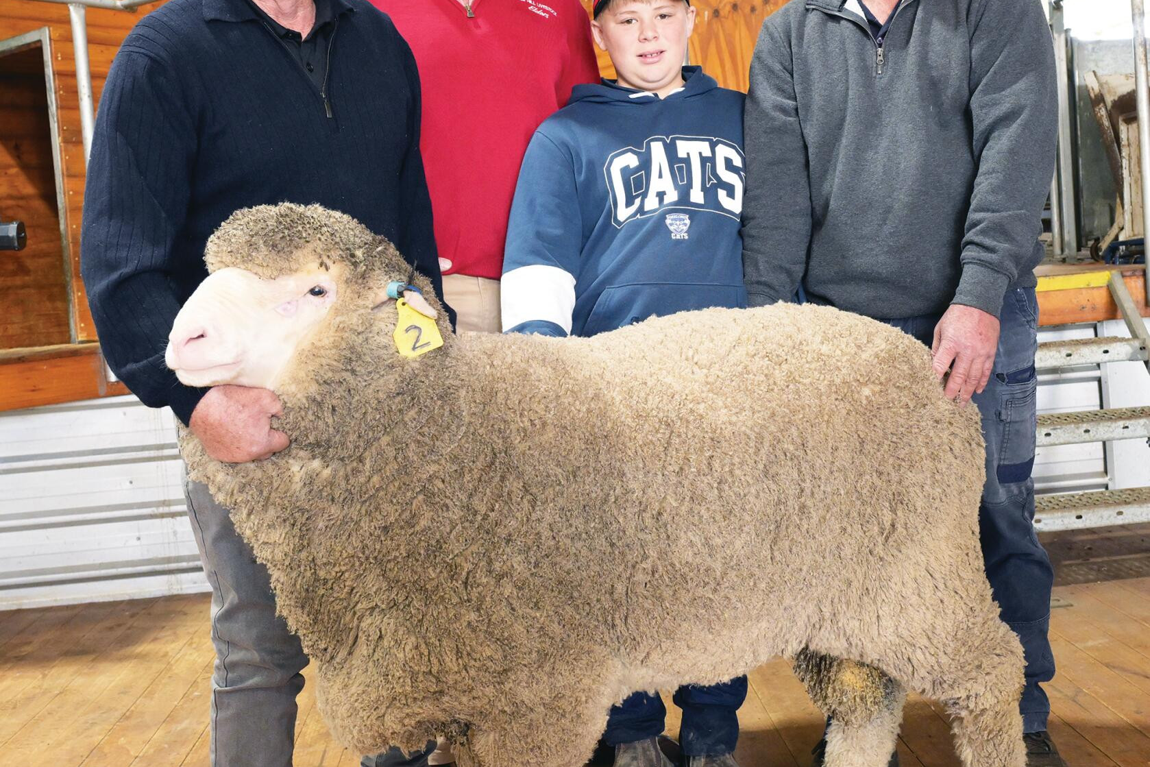 Agents Tim Hill and Craig Potter with Brendan Lanfranchi, Norm Weir and Noah Lanfranchi and the top price rams. LH PHOTO